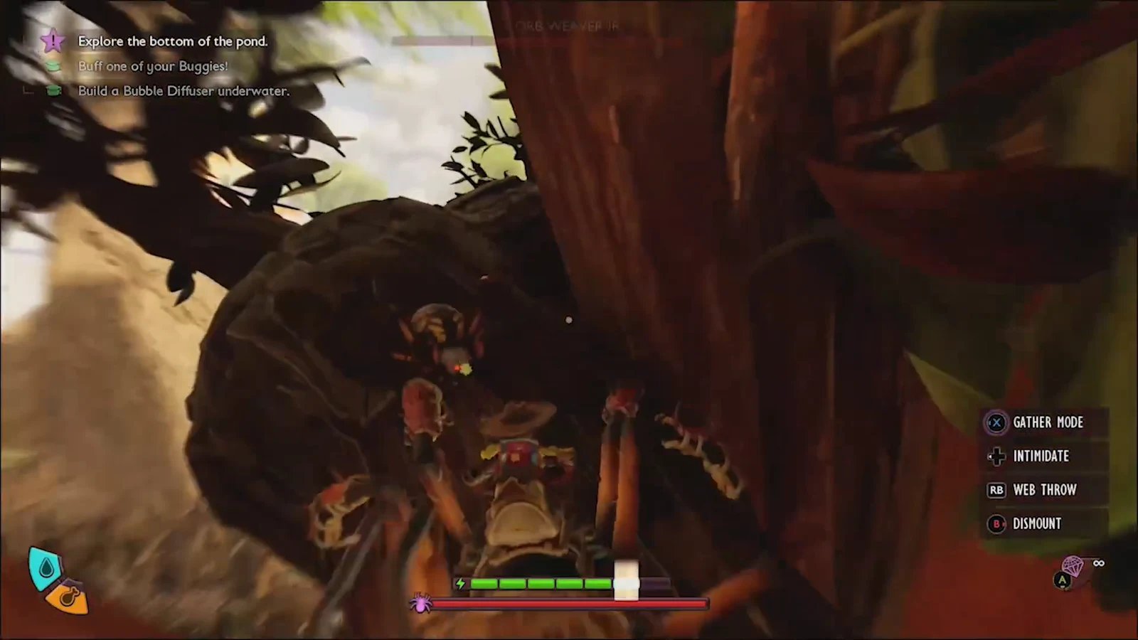 Character mounted on a buggy beside a tree branch with the Gather Mode prompt showing