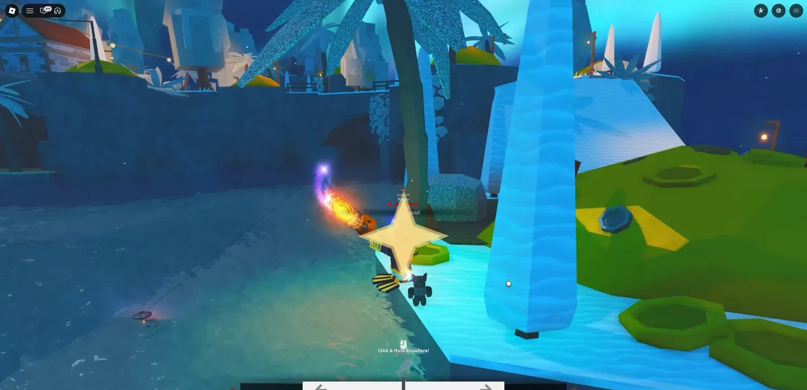On-screen Click and Hold Anywhere prompt as the avatar moves past a waterfall