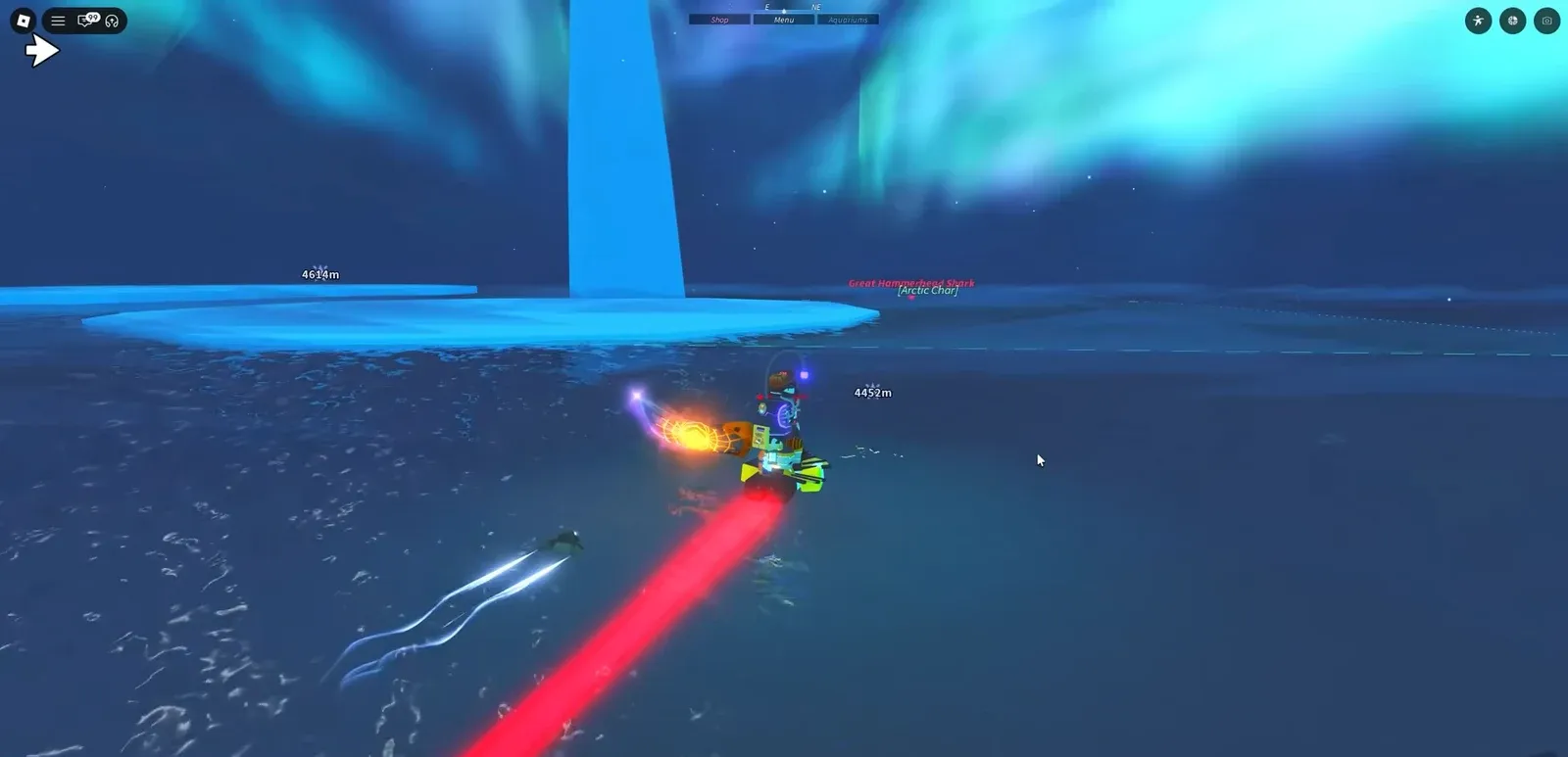 Player using a glowing weapon against a large shark near the Arctic Char fishing area