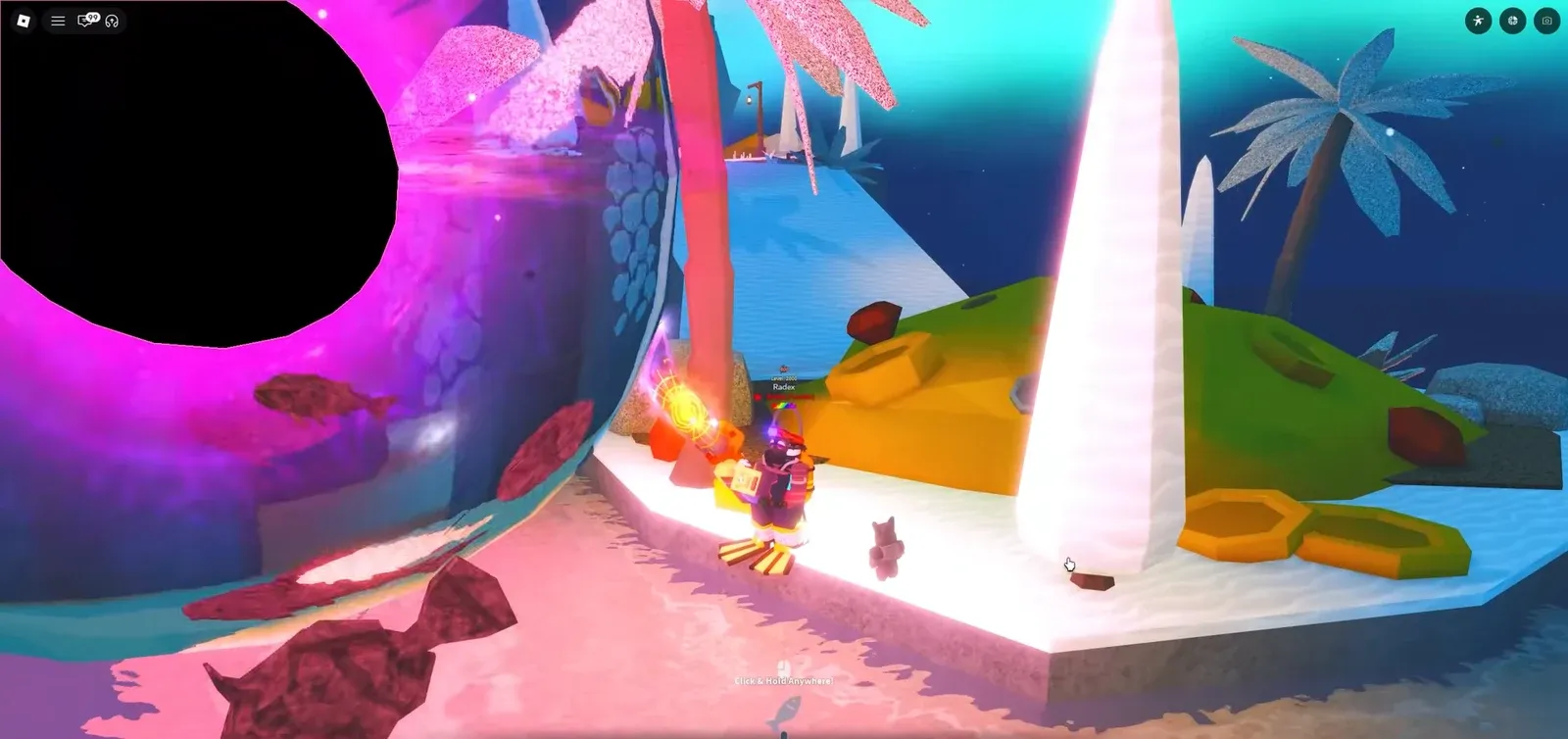 Fishing character casting a glowing lure with an on-screen readout showing Lure Speed 244