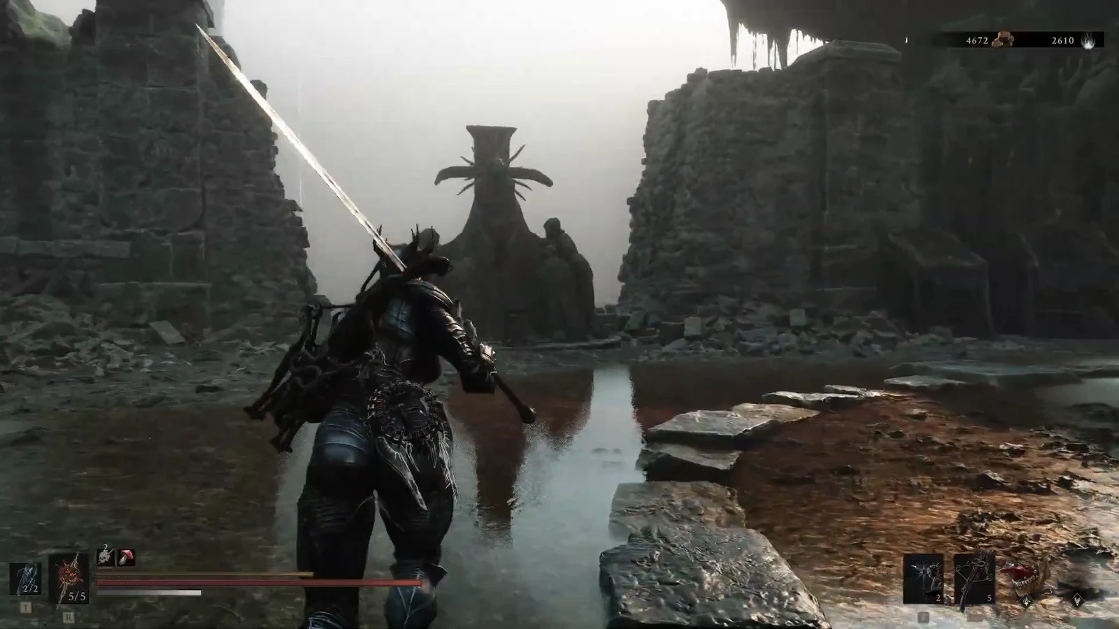 Armored character wades through flooded ruins toward a large statue after respawning at a beacon