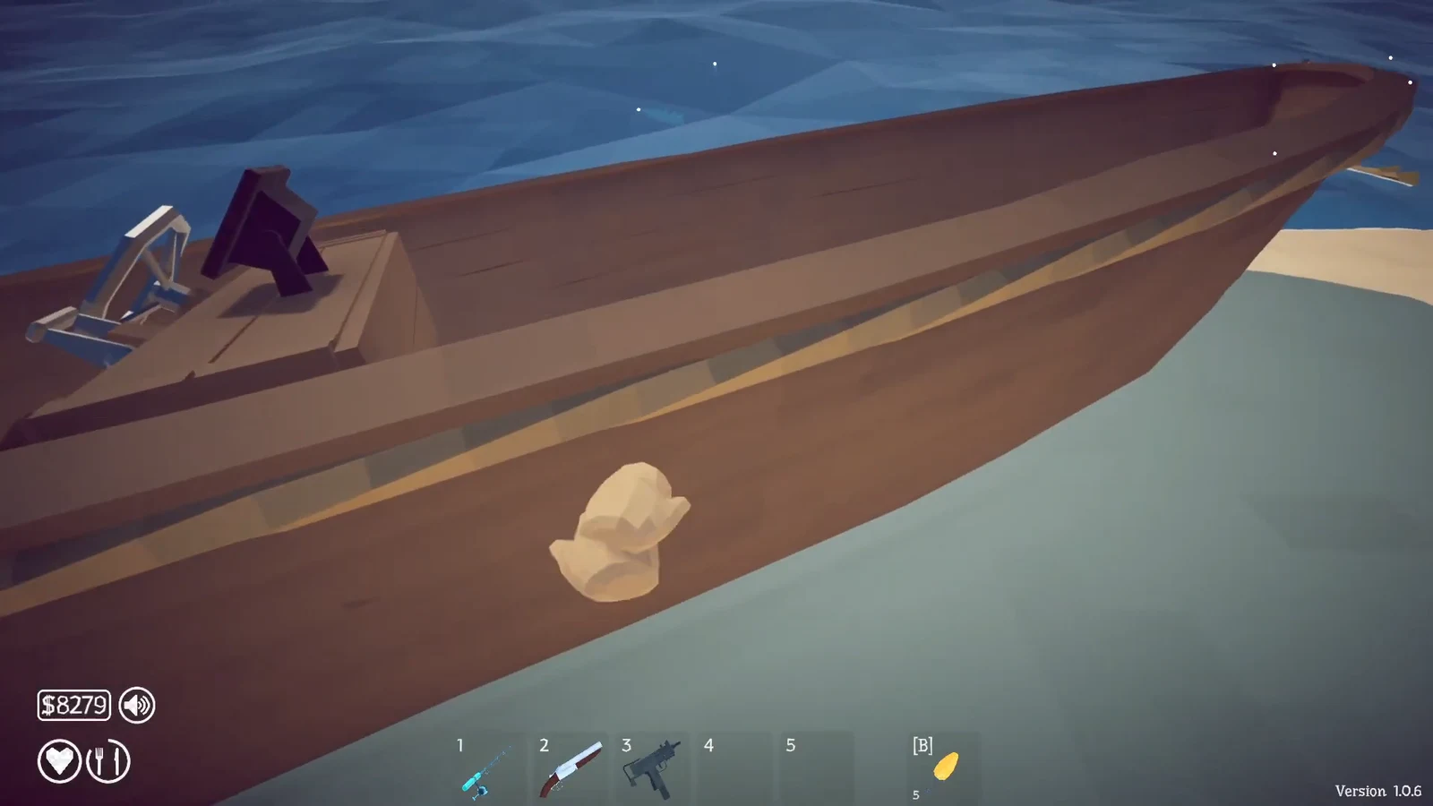 Wooden boat on shore seen from the side, with a numbered hotbar and yellow B item