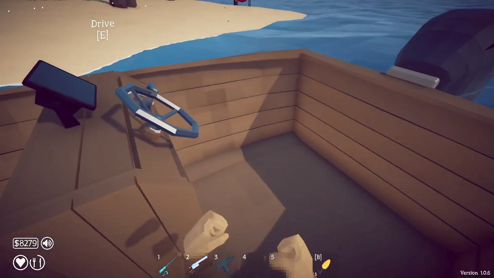 First-person view of the boat wheel and console with a Drive E prompt
