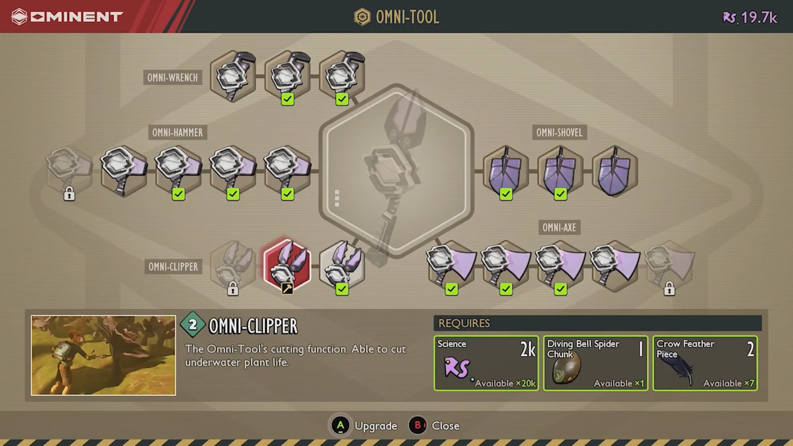 Omni-Tool upgrade screen with Omni-Clipper selected showing Science, Diving Bell Spider Chunk and Crow Feather costs
