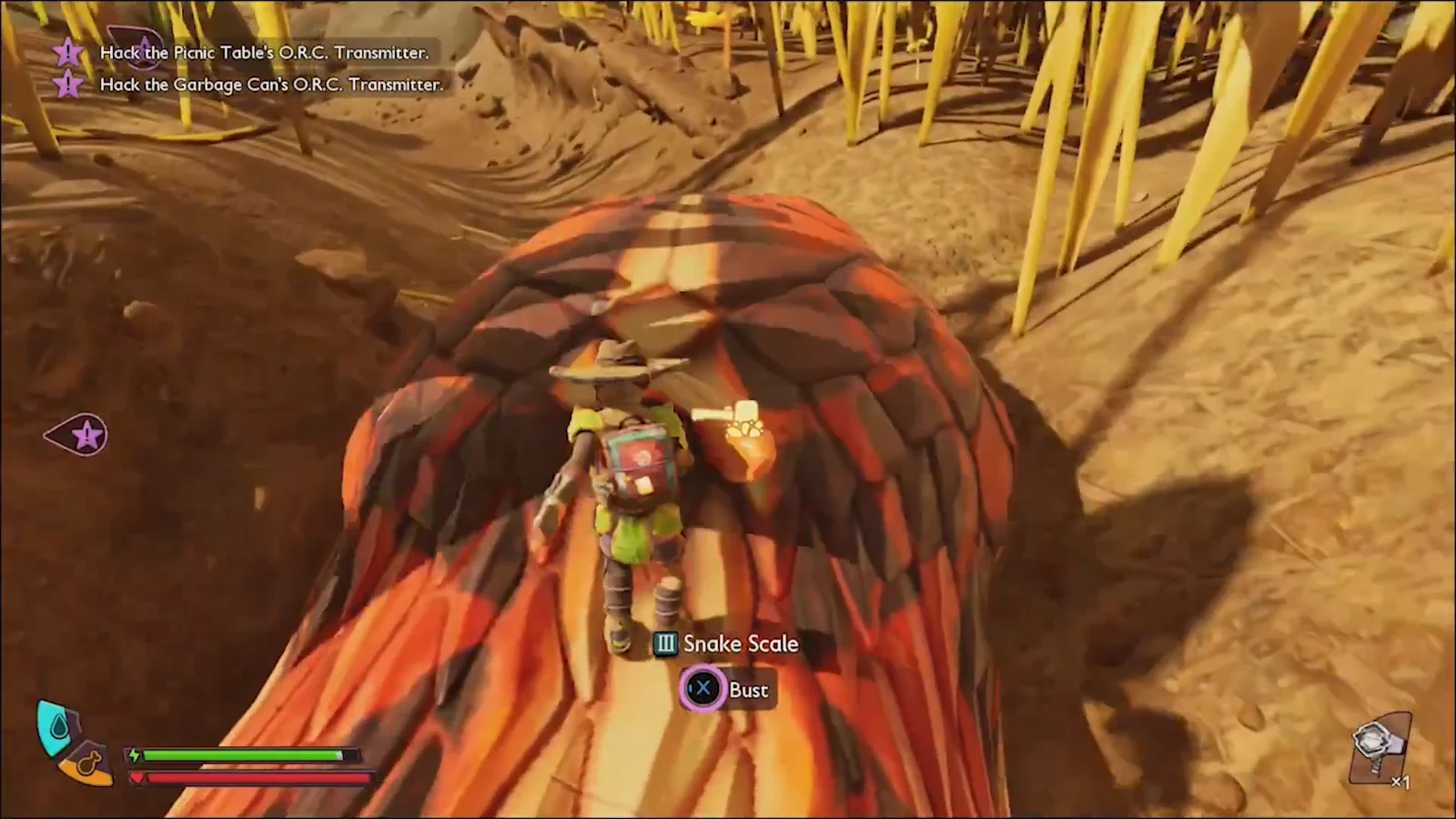 Character aiming at a Snake Scale with a press-X-to-bust prompt on screen