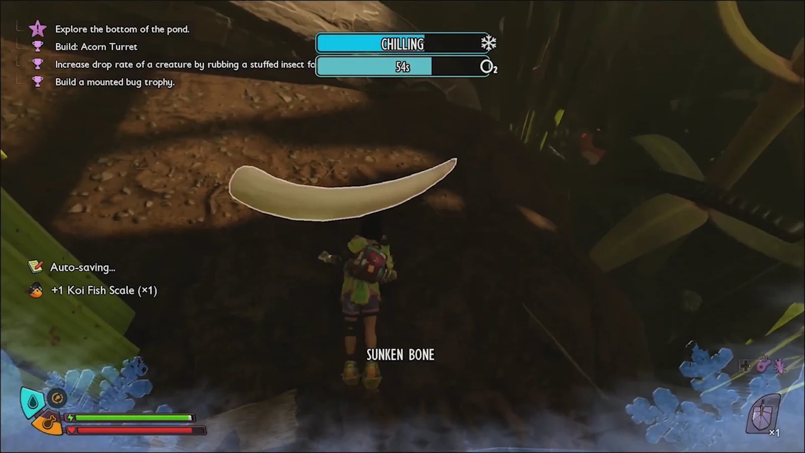 Sunken Bone highlighted on the pond floor as the player collects it with a loot notification
