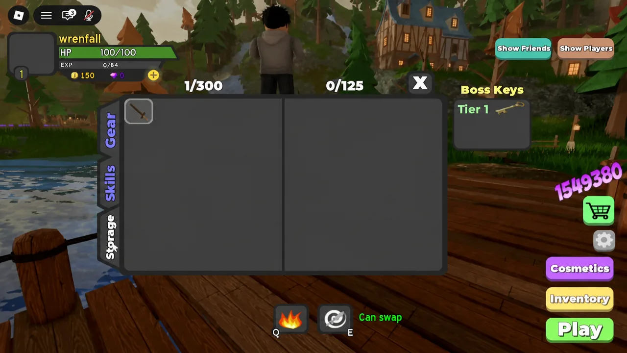 The Storage tab open inside the inventory panel, showing stored items alongside the Skills and Gear tabs
