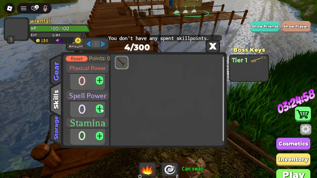 The Skills tab open with the plus button next to Spell Power highlighted while spending a point