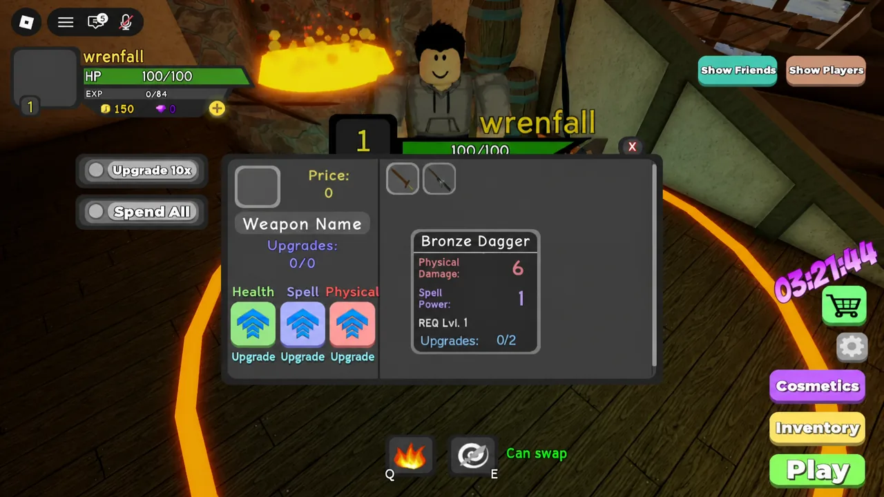 Upgrade menu showing the Starter Wand Spell stat being raised for 100 gold