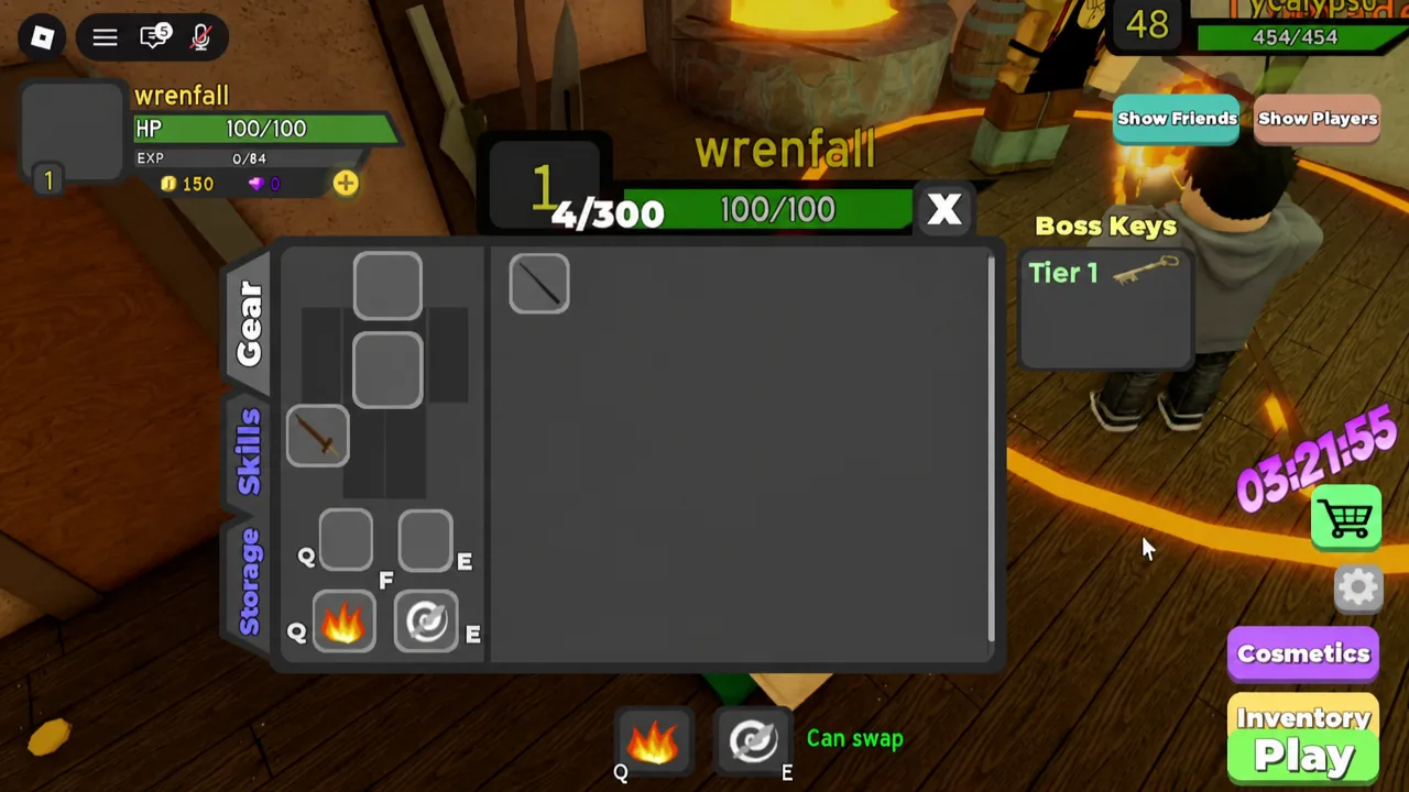 Gear tab open in the inventory showing equipment slots and item stats