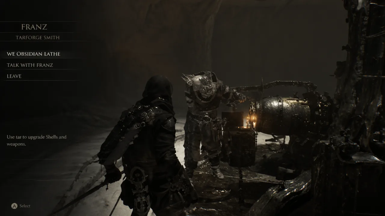 Franz's interaction menu with the Obsidian Lathe option highlighted