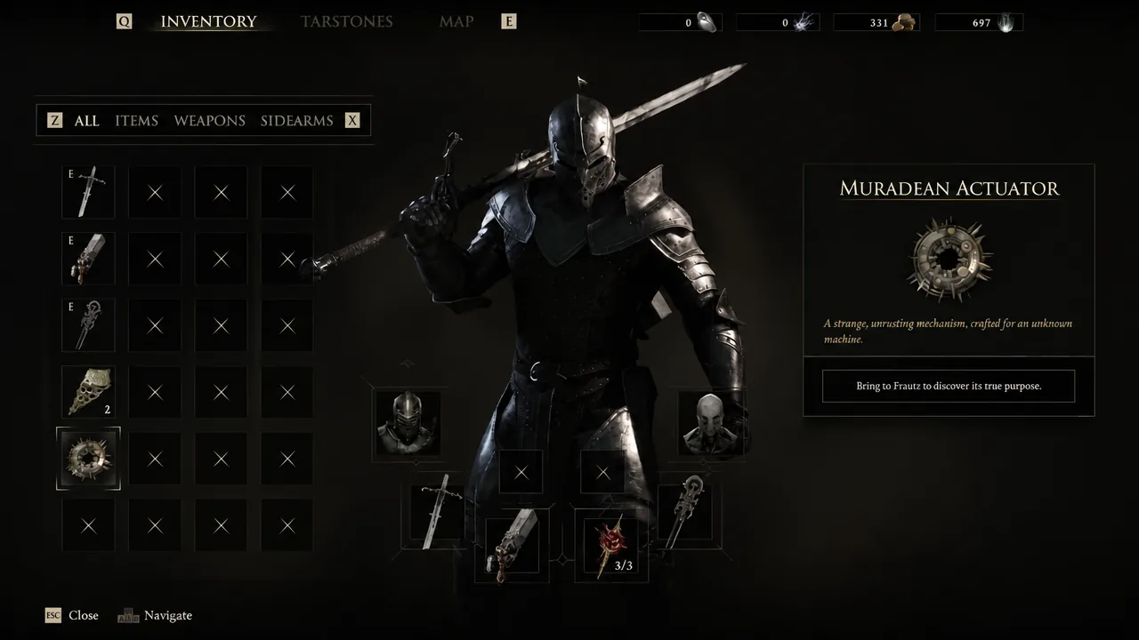 Inventory screen showing the Muradean Actuator and its objective to bring it to Franz