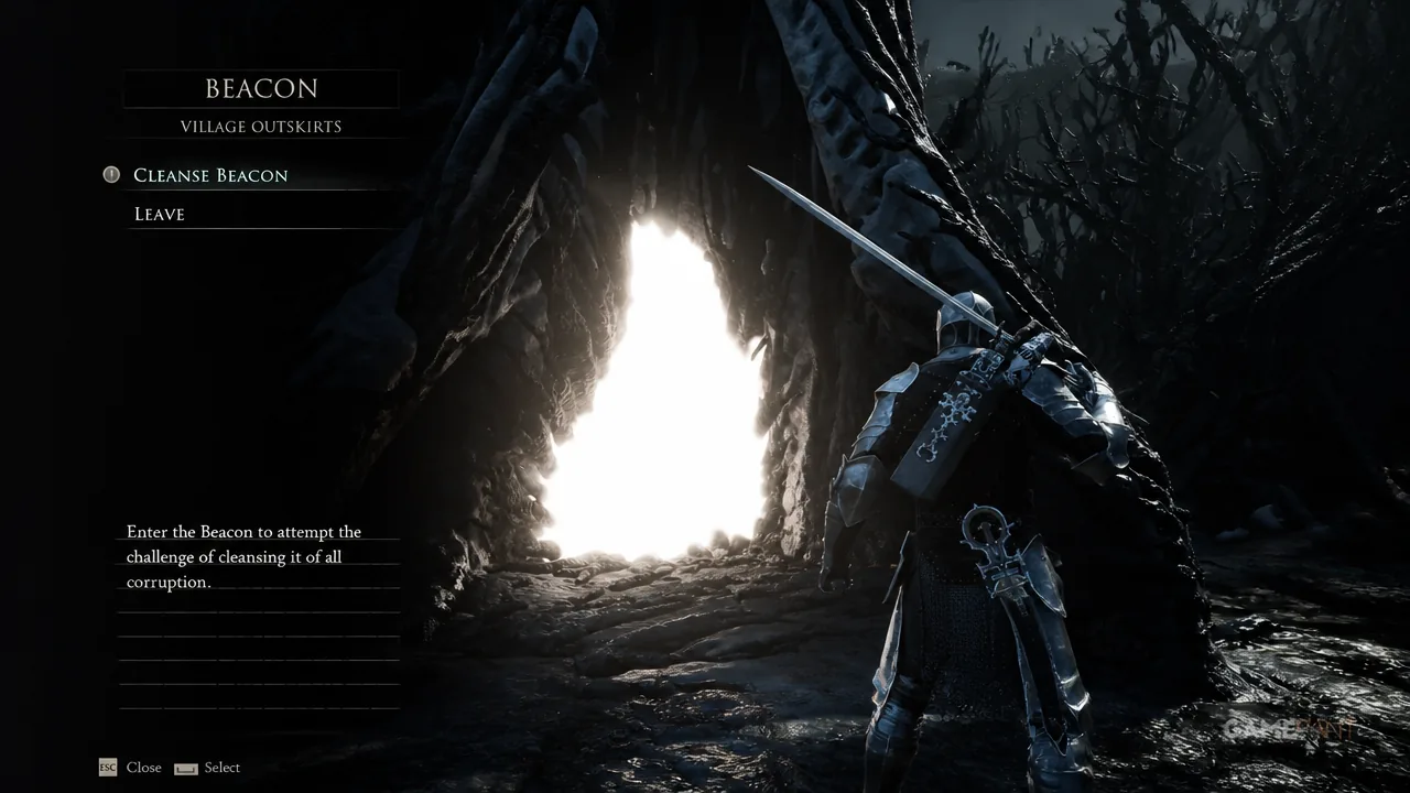 Village Outskirts Beacon menu with the Cleanse Beacon option selected