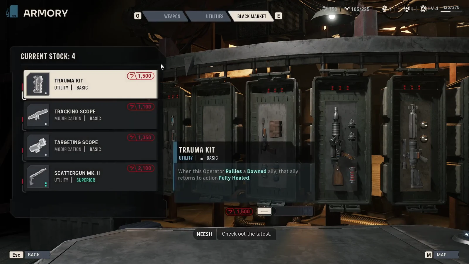 Black Market tab showing the Trauma Kit priced at 1,500 credits