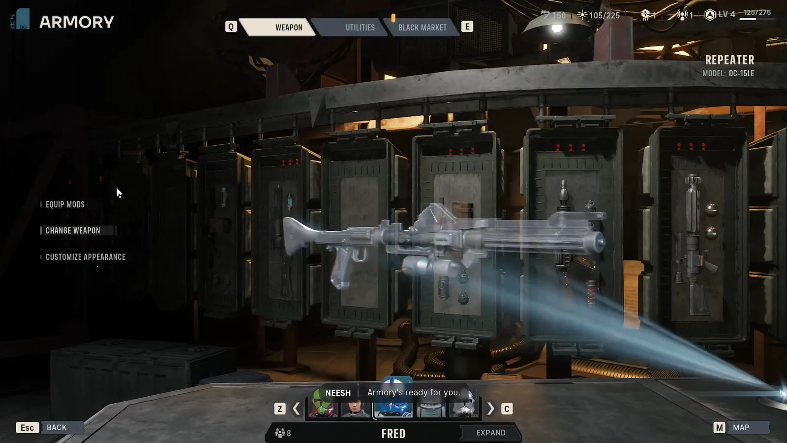 Armory weapon panel showing the DC-15LE Repeater and the Equip Mods option