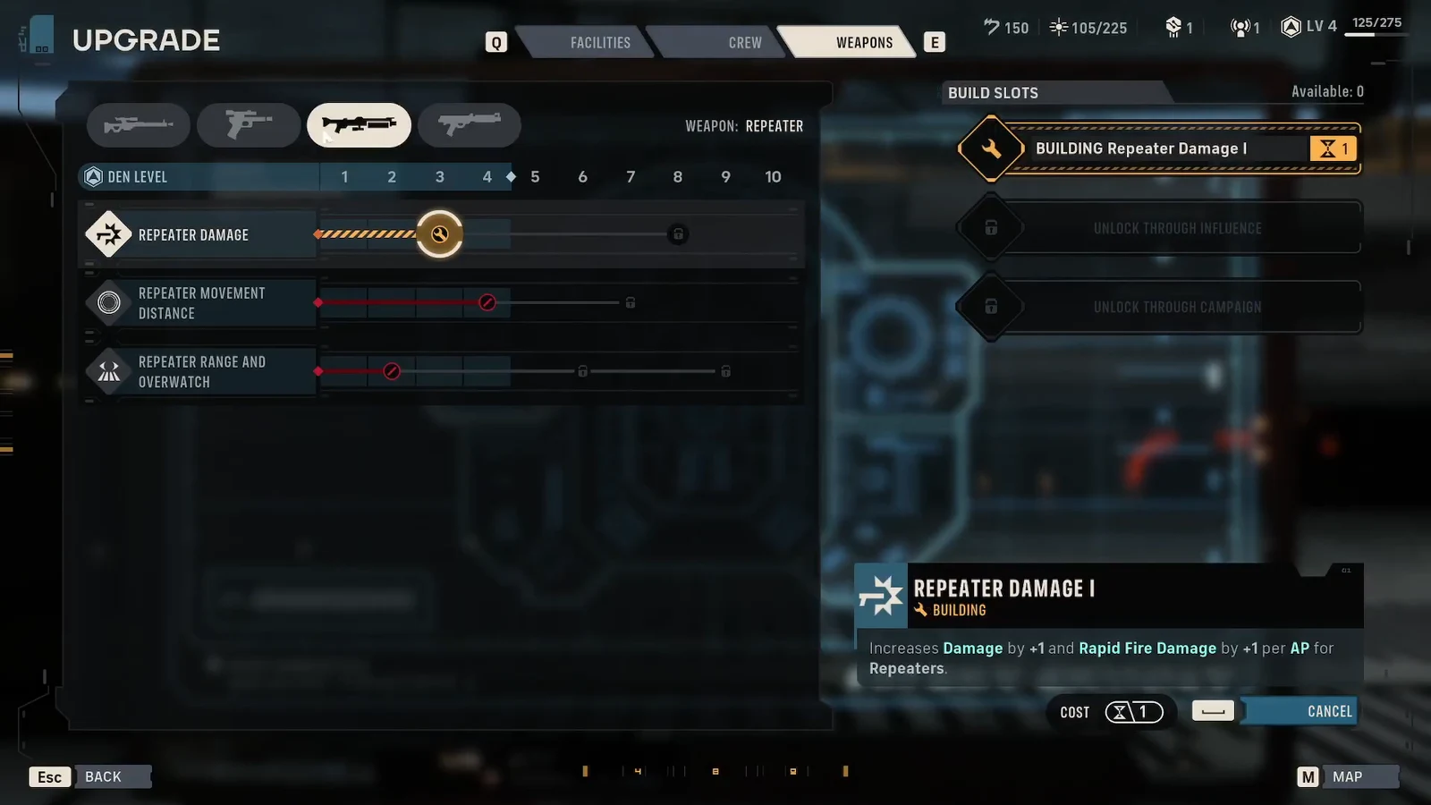 Weapons upgrade tree with Repeater Damage I selected and building