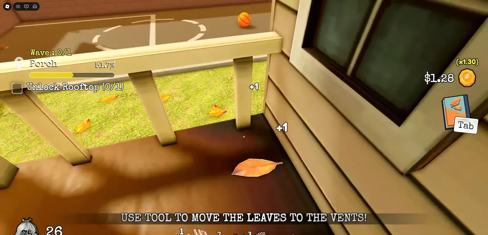 Player back in the yard moving leaves toward the vents after clearing the hand upgrade objective