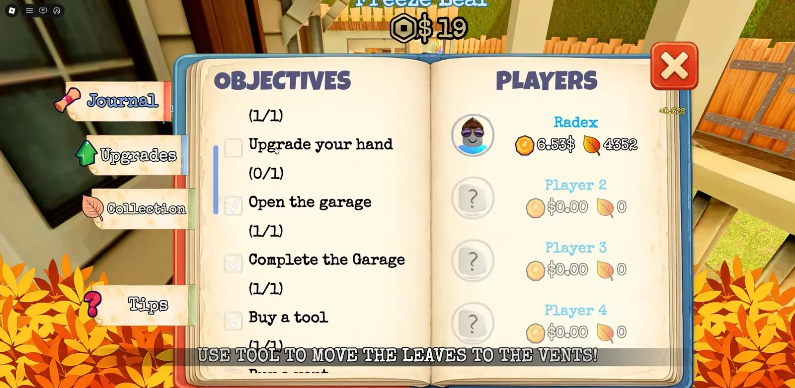 Journal Objectives page listing the current tasks, including moving leaves to the vents