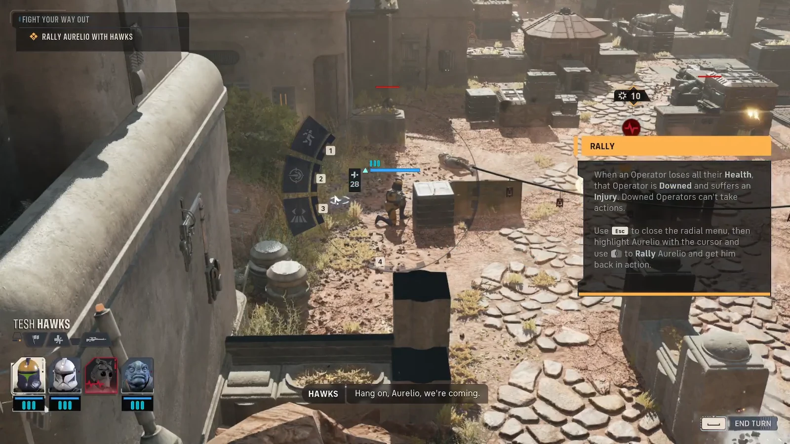 Rally tutorial panel showing how to highlight a downed operator and revive him