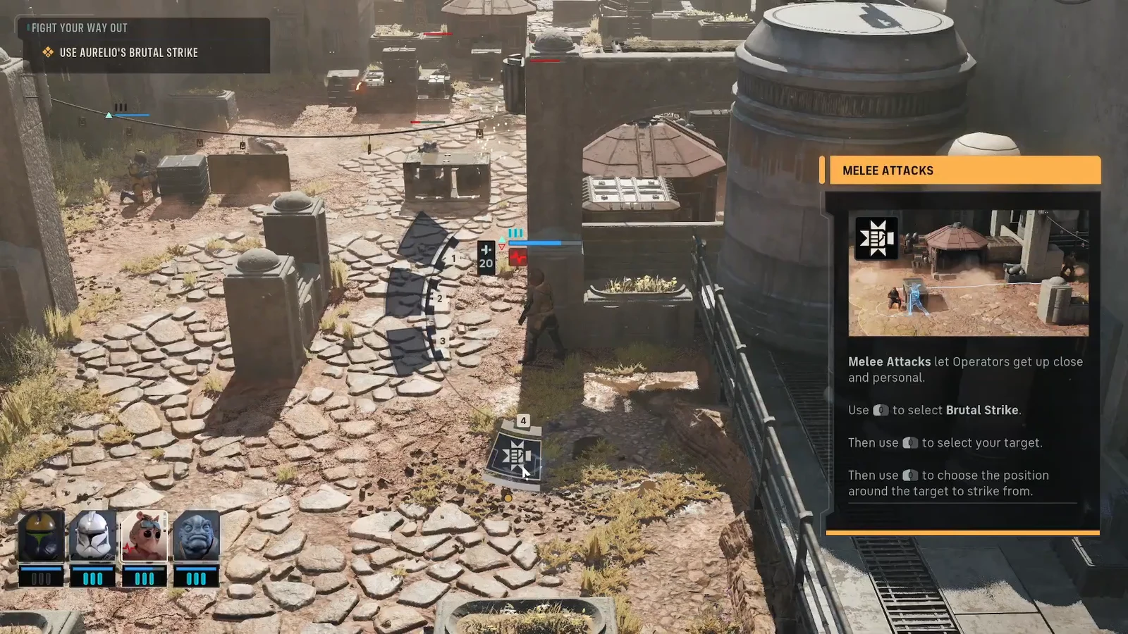 Melee Attacks tutorial panel explaining how to select Brutal Strike and set up the hit