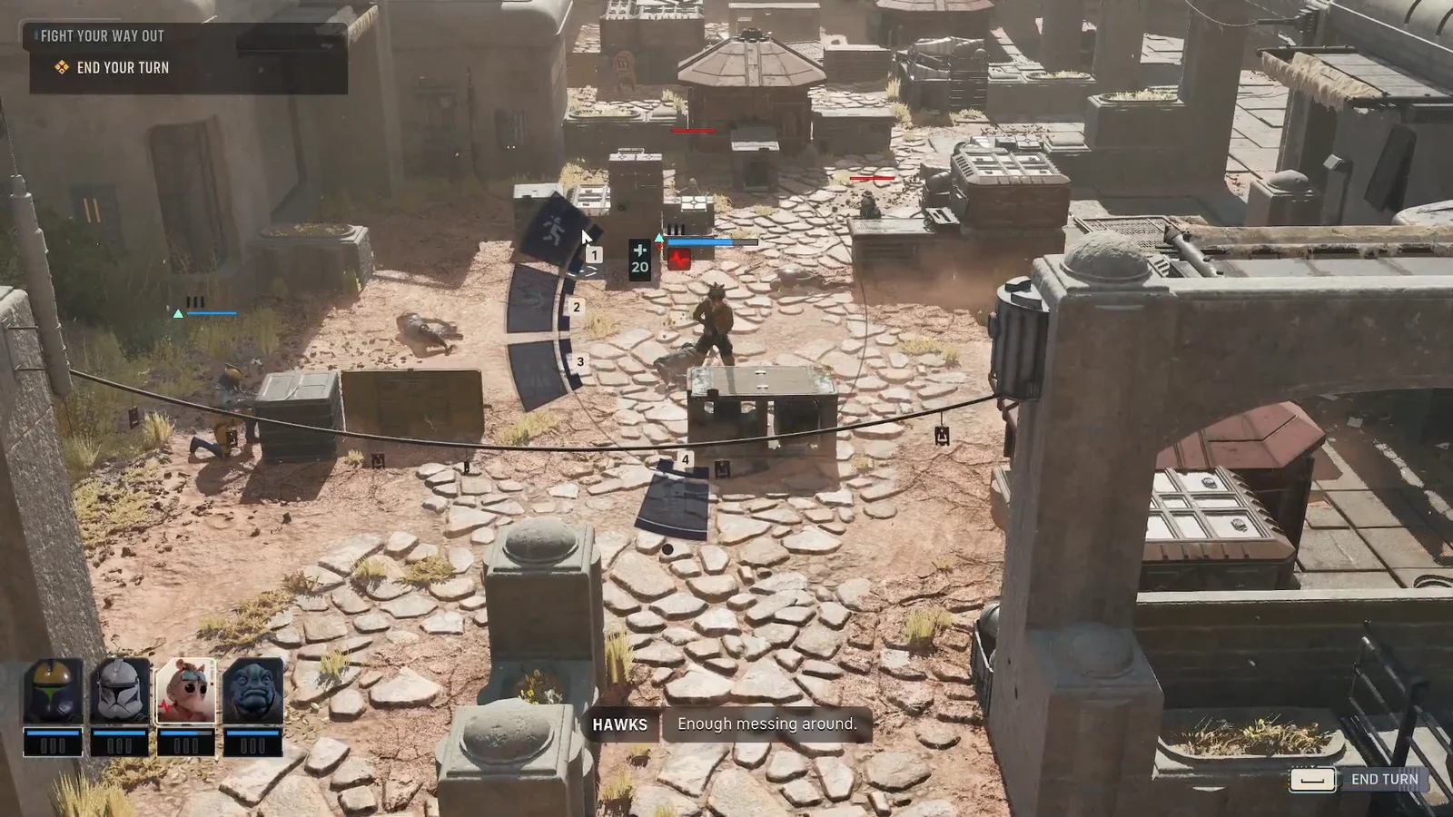 Turn-based combat view showing the Fight Your Way Out objective with Hawks near enemies