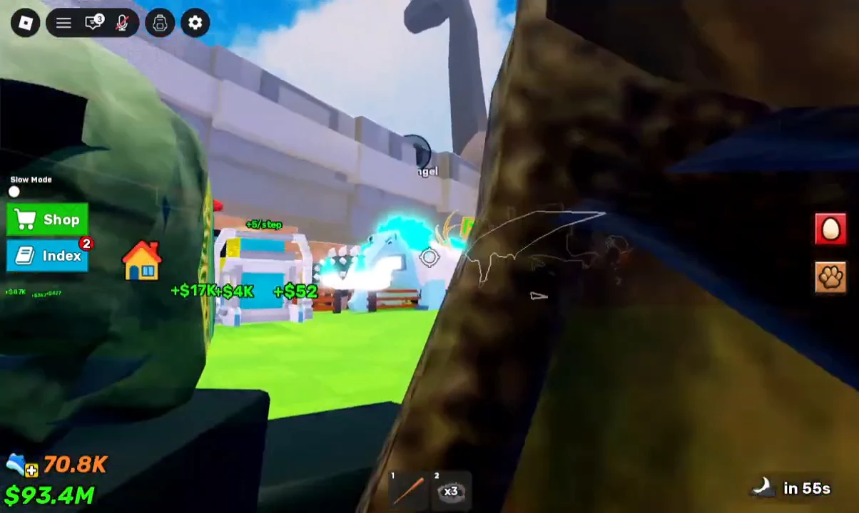 Crosshair aimed at a glowing blue egg with cash total and the Shop and Index buttons on screen