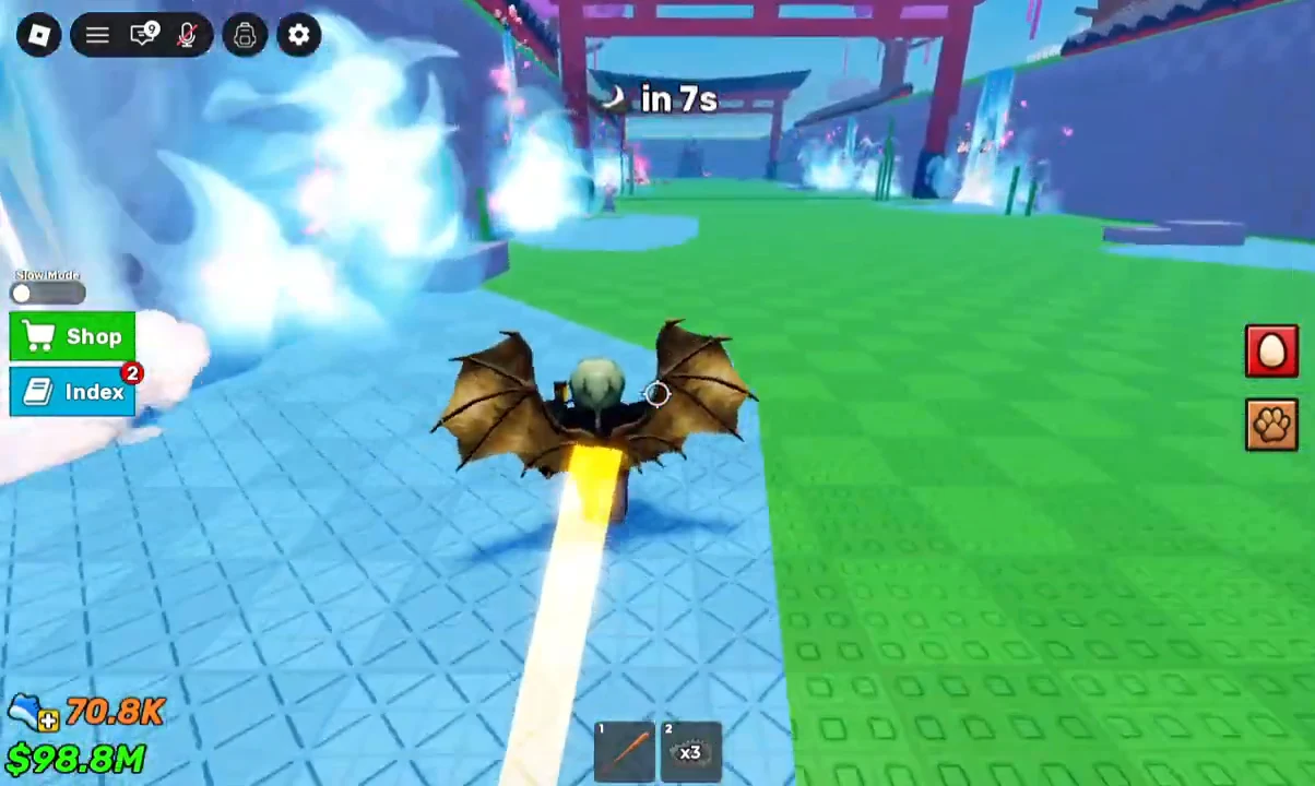 Winged avatar flying across the arena with an event countdown reading in 7s on screen