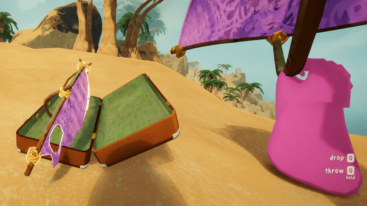 Holding a bag beside an open suitcase with prompts to drop or throw it