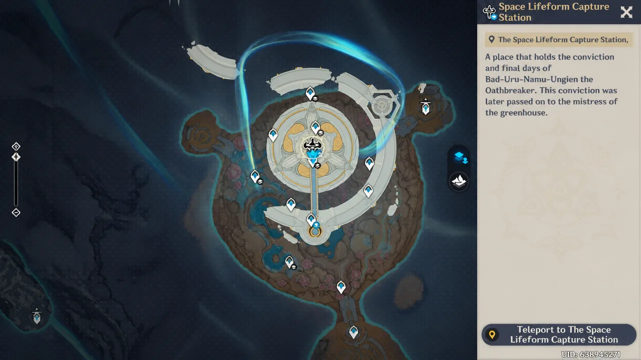 Map panel for the Space Lifeform Capture Station with the teleport option highlighted