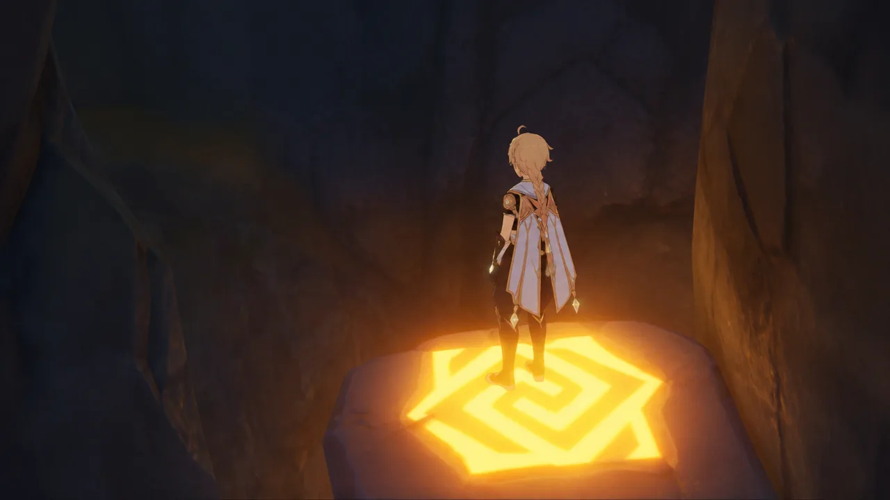 Traveler standing on a glowing golden rune platform inside a dark cavern