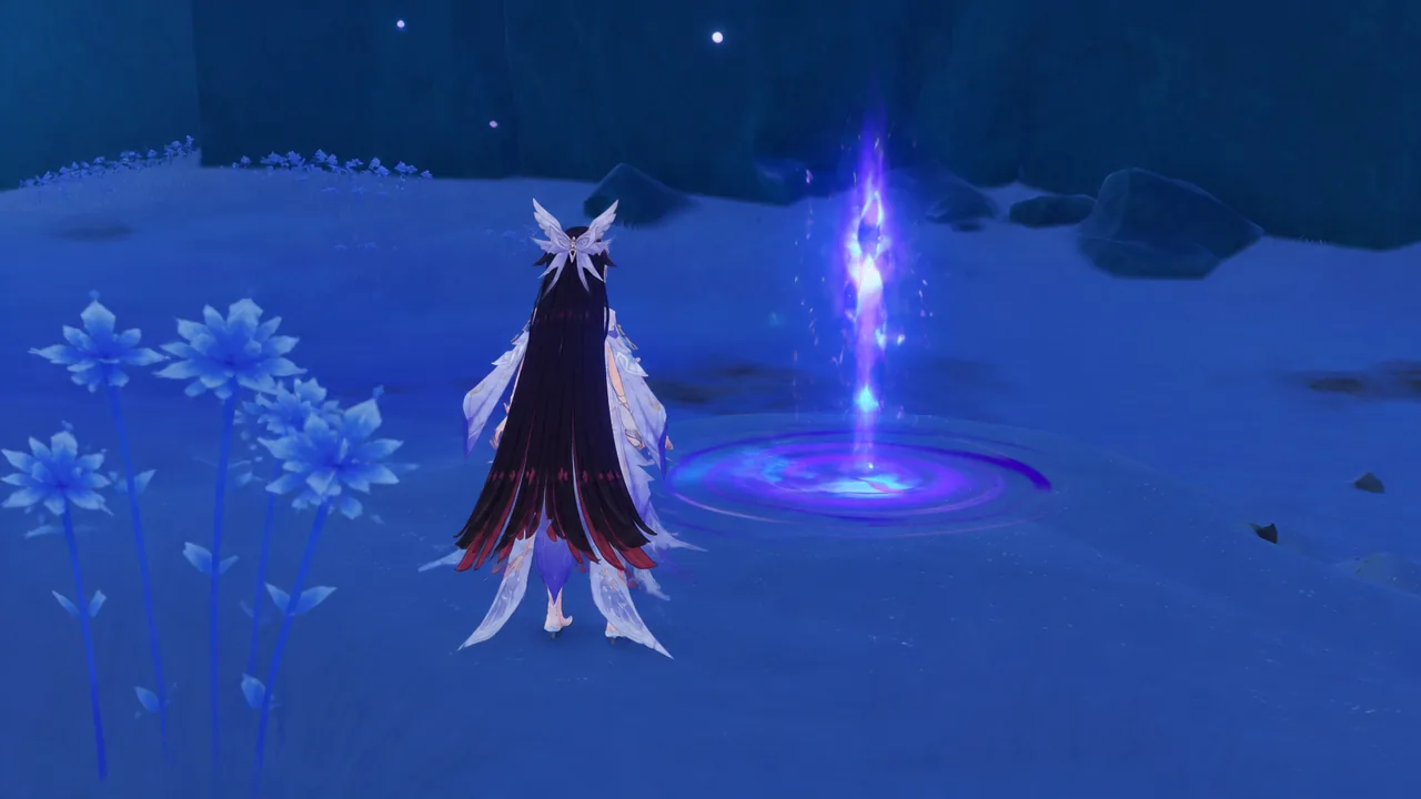 Character approaching a glowing purple Shadow Realm portal in a blue cavern