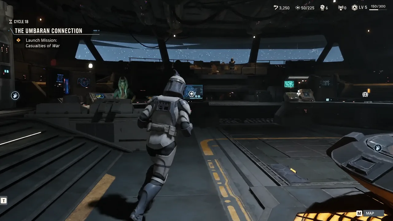 Den interior with The Umbaran Connection mission overlay on screen as the player runs toward the console