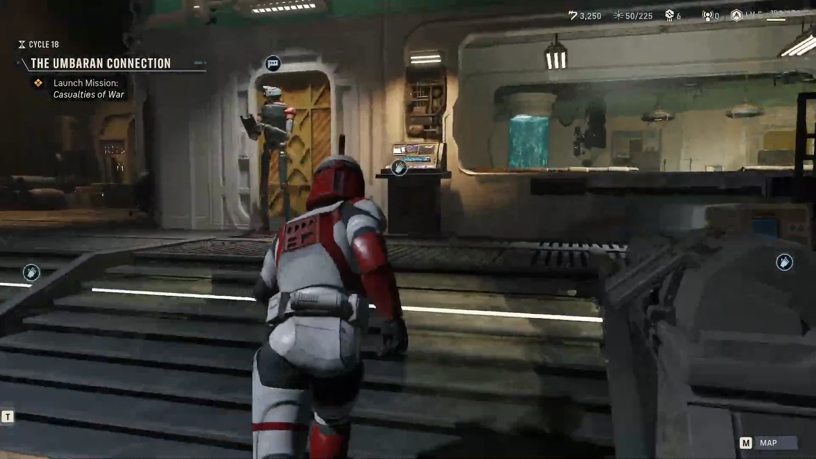 Player approaching an interactable character in the Den with the Casualties of War mission prompt showing