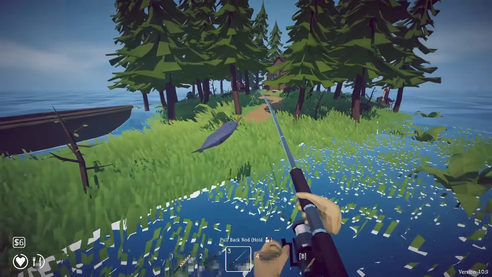 Fishing view near shore with rod slot 3 selected and the Pull Back Rod hold prompt showing while reeling