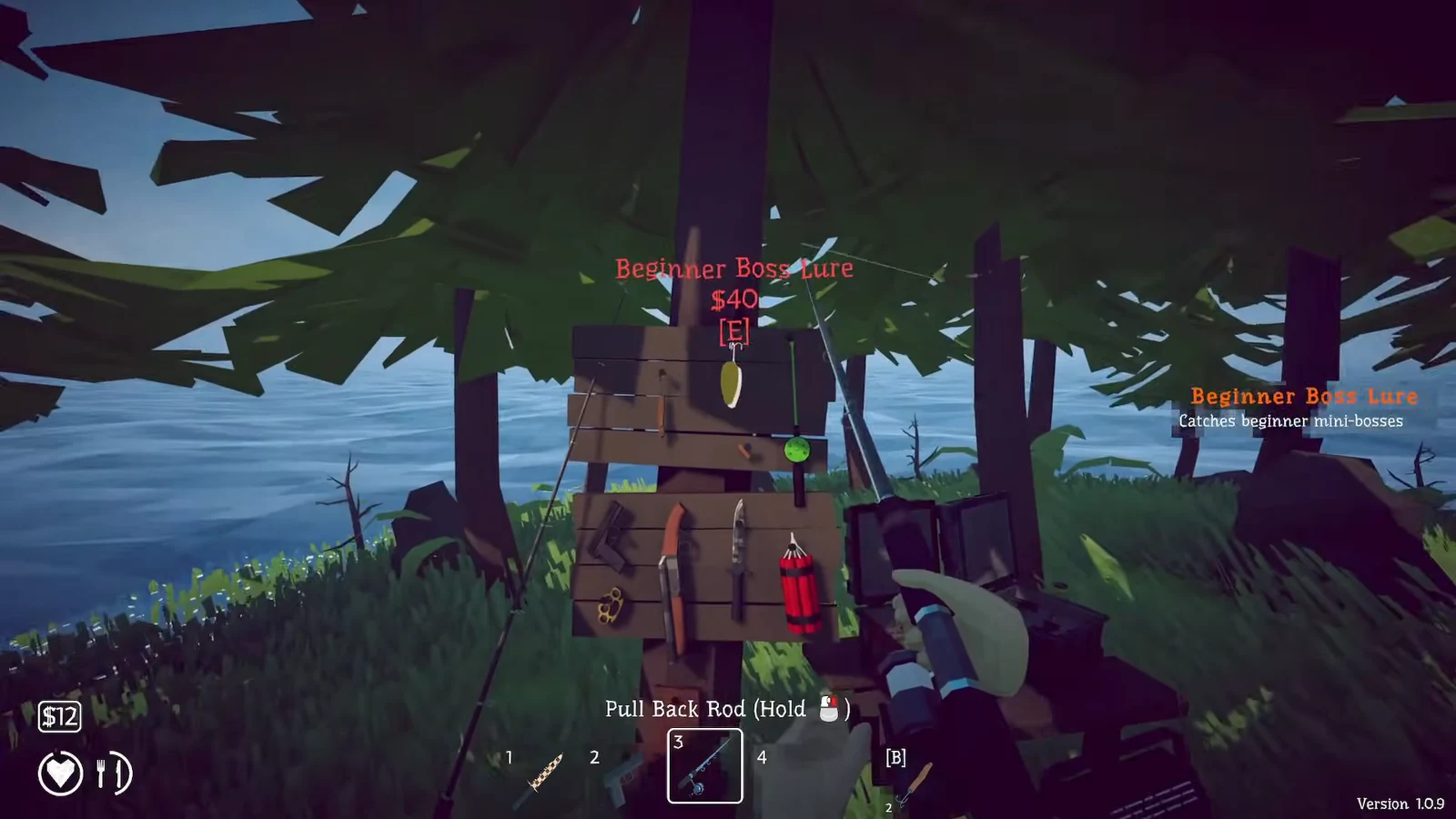 Aiming the rod at the wooden shop board with the Beginner Boss Lure purchase prompt open