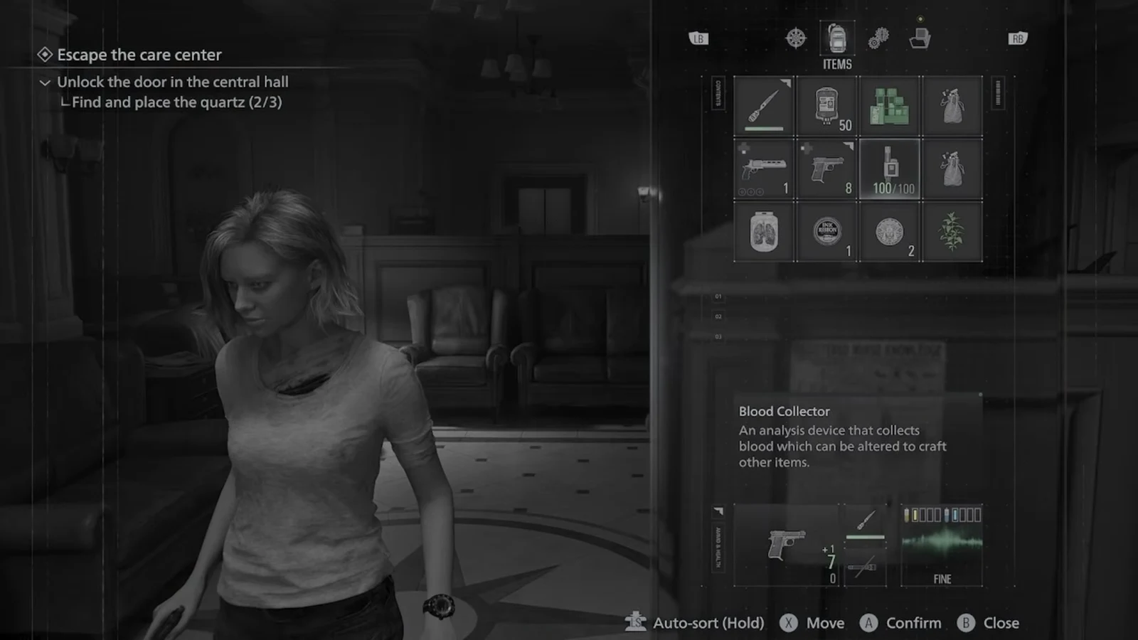 Items menu with the Blood Collector selected, showing its description