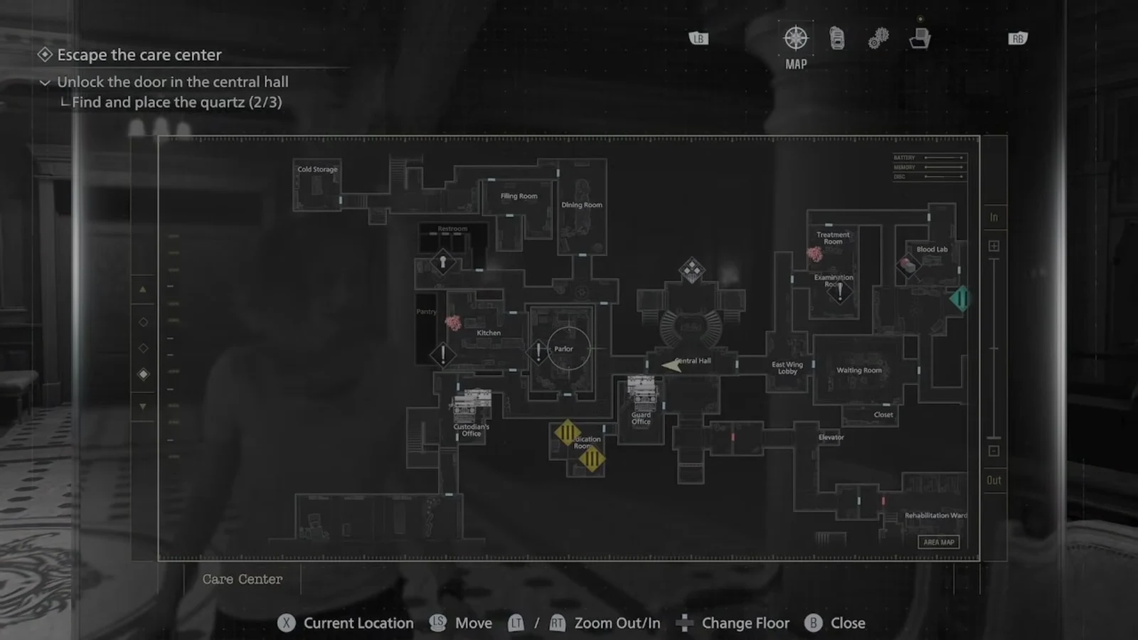 Care Center map used to trace the Chef's patrol between the Kitchen, Parlor, Dining Room, and Cold Storage