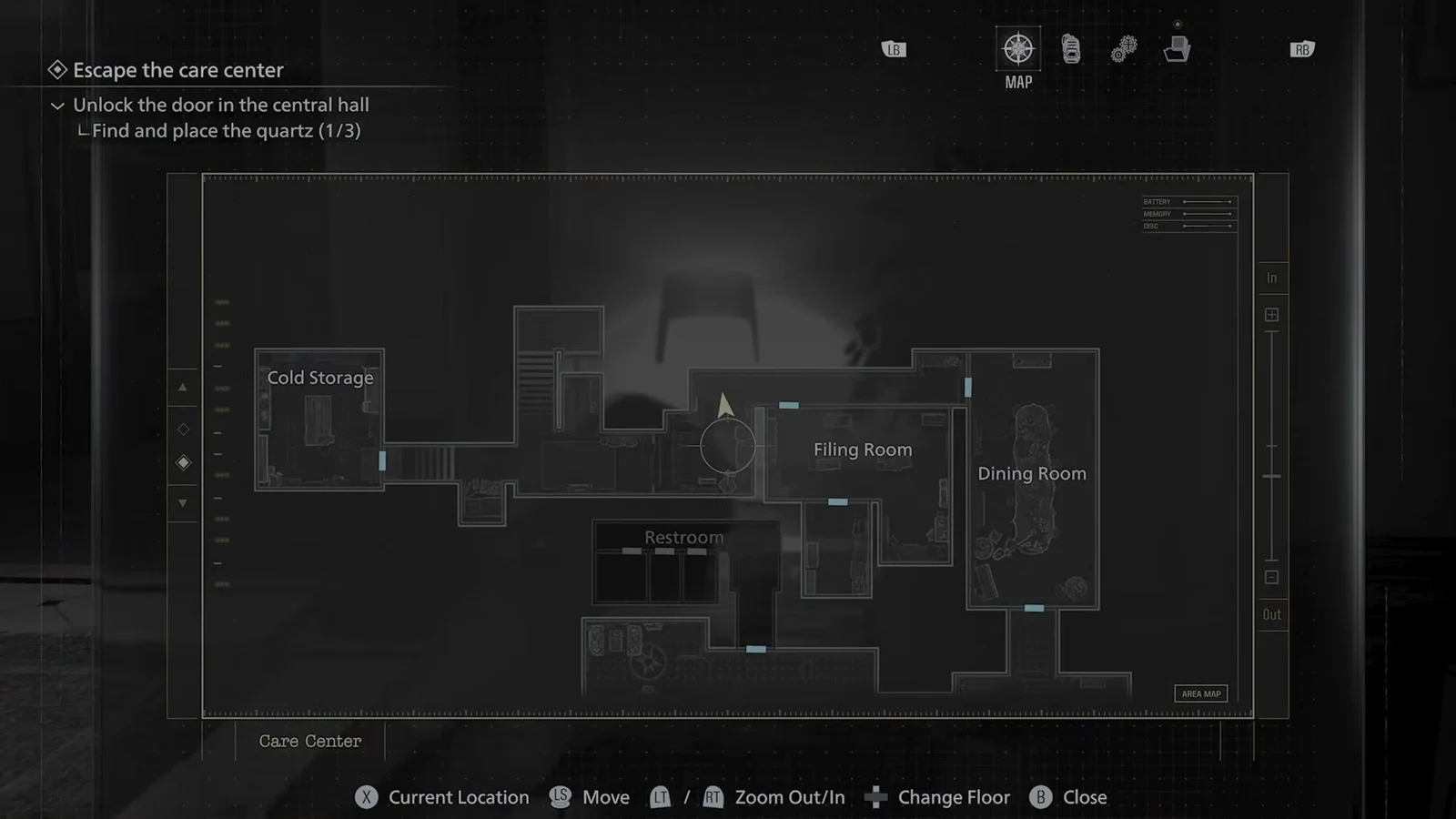 Care Center map showing the current position near Cold Storage while lining up the stealth approach