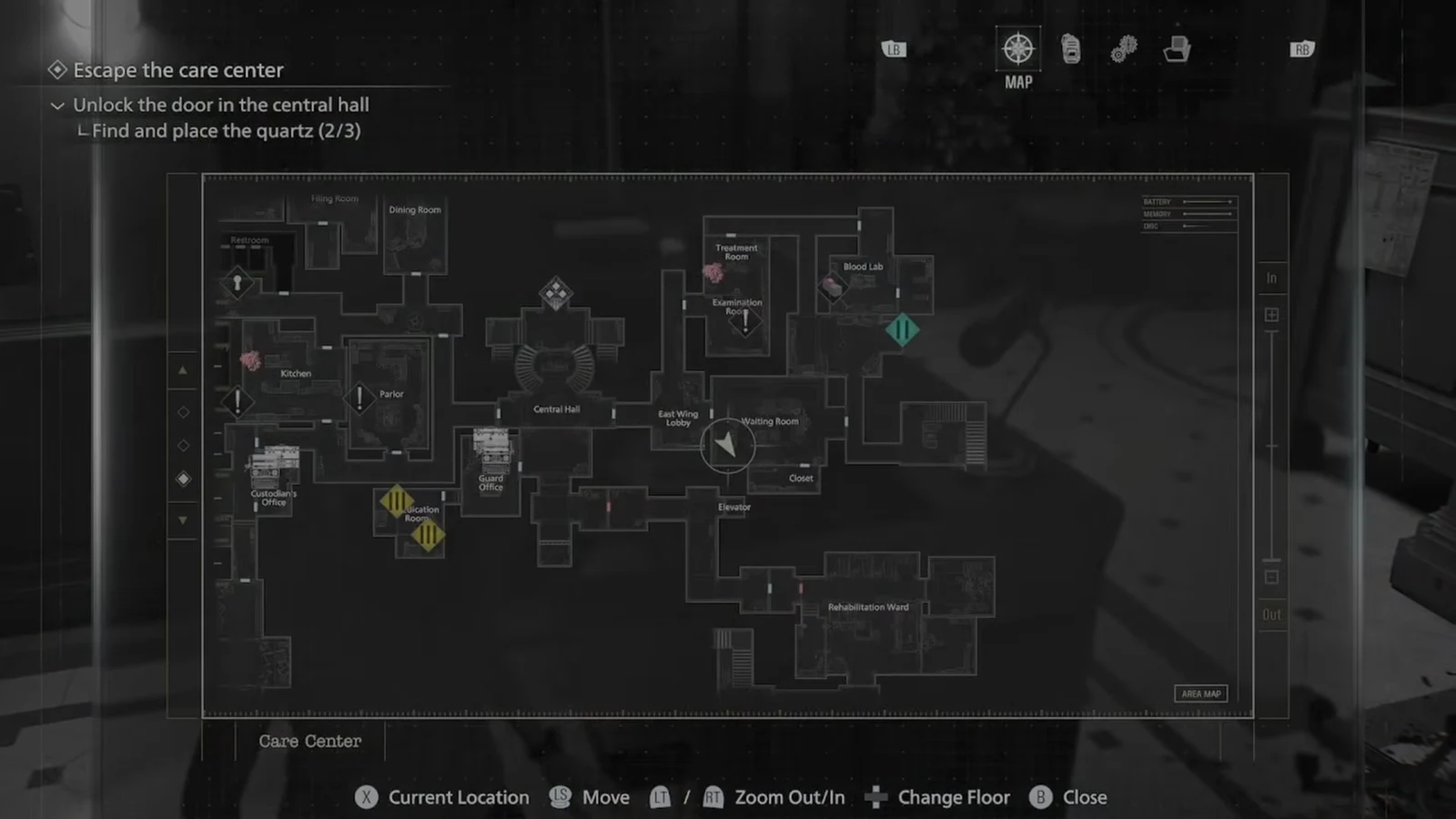 Area map showing the Waiting Room, a dependable Scrap location in the Care Center