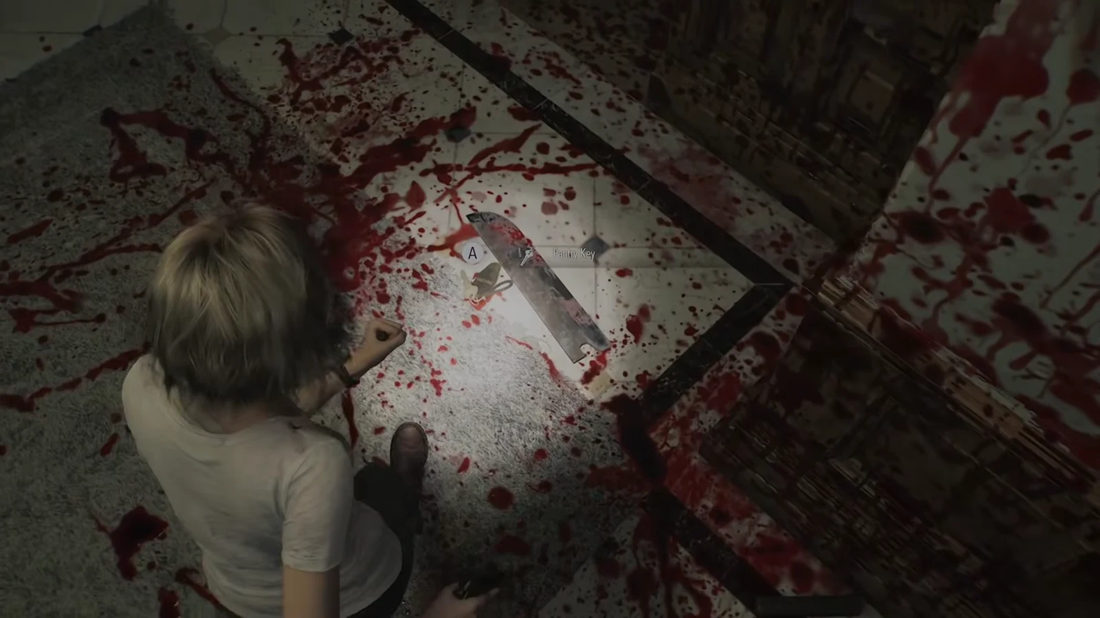 Pantry Key pickup prompt shown over the blood-covered floor where the Chef fell