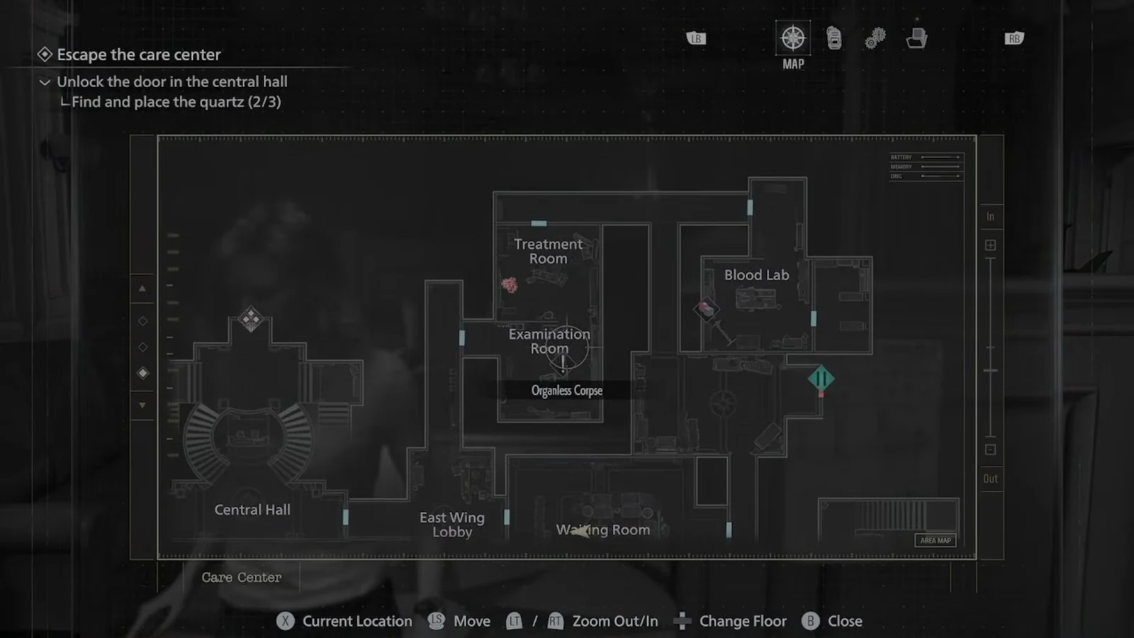Care Center map open, marking the Examination Room in the East Wing where the injector sits