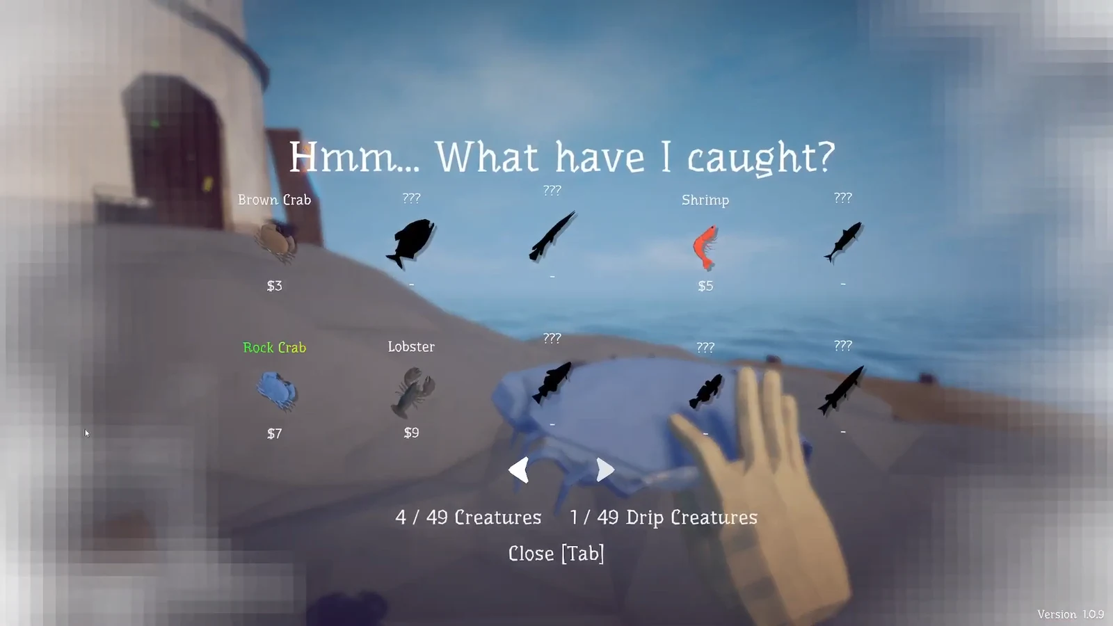 Creature collection screen listing caught species and unknown entries across browsable pages