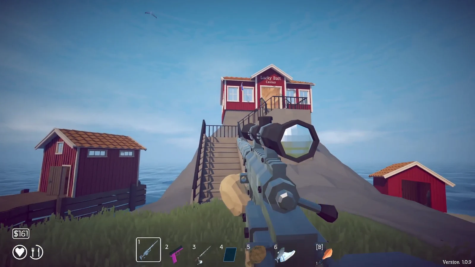 First-person view aiming toward the Lucky Bait Casino building on the fourth island