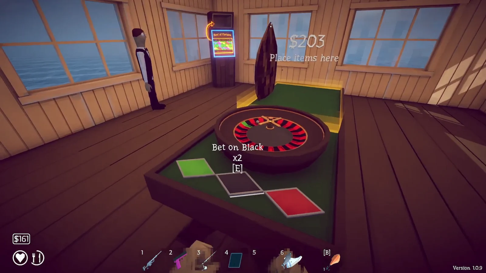 Roulette table showing the Bet on Black x2 prompt with the E key active