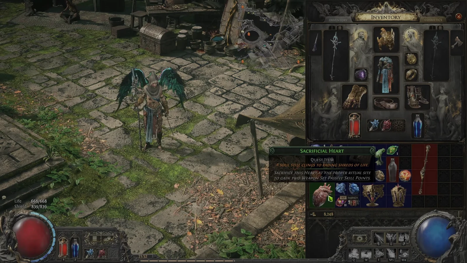 Inventory tooltip for the Sacrificial Heart quest item with its ritual instruction