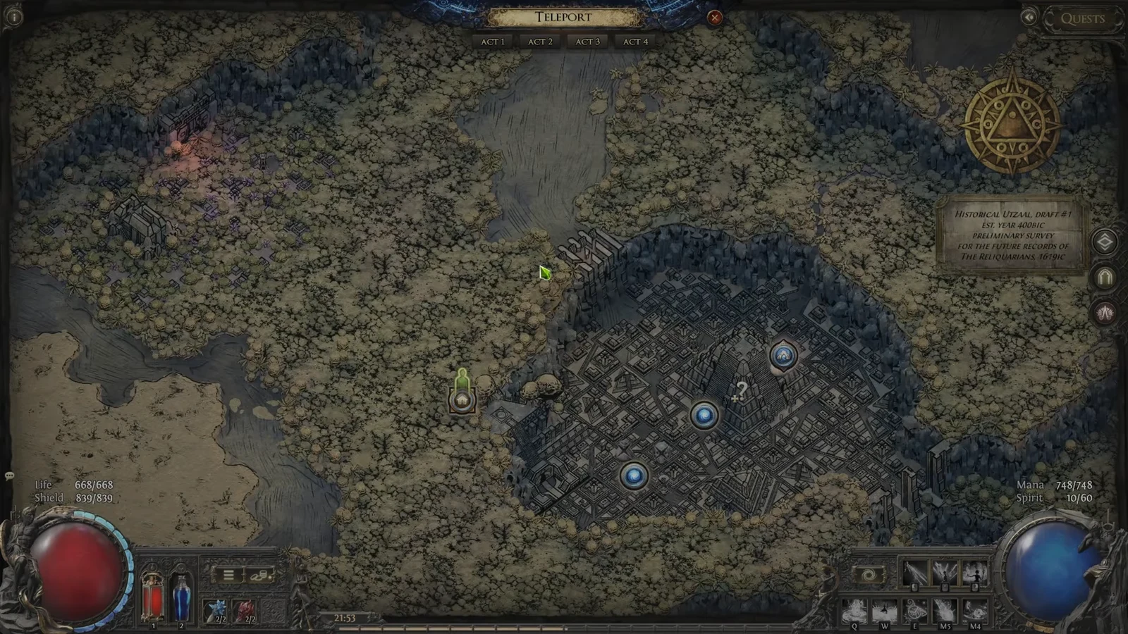 Open teleport map with blue waypoints for Act 3 past destinations