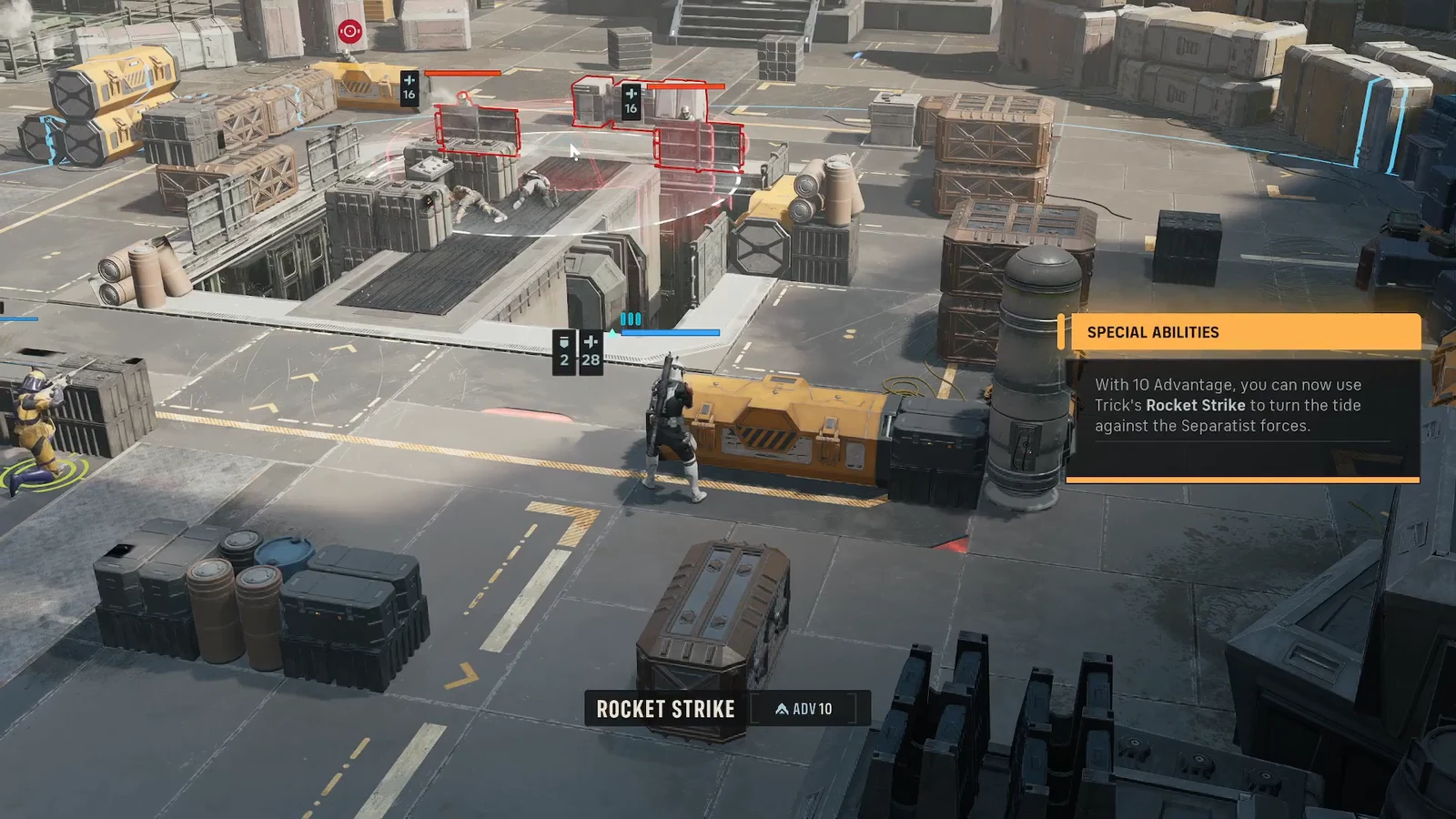Targeting prompt placing the Advantage 10 Rocket Strike circle over Separatist forces