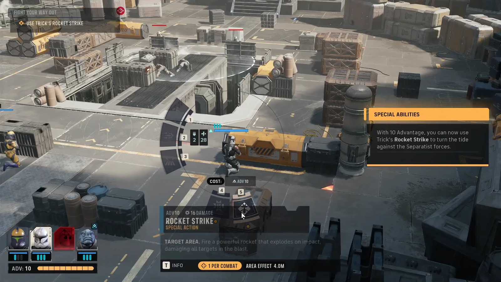 Trick's action wheel with the Rocket Strike special action highlighted on the tactics screen