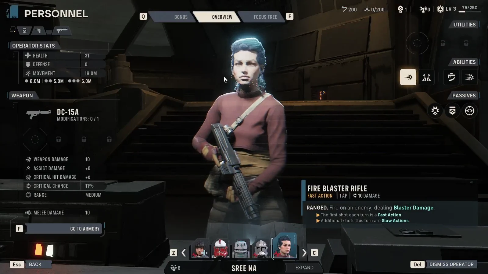 Personnel Overview screen for Sree Na showing the DC-15A blaster rifle ability and weapon stats