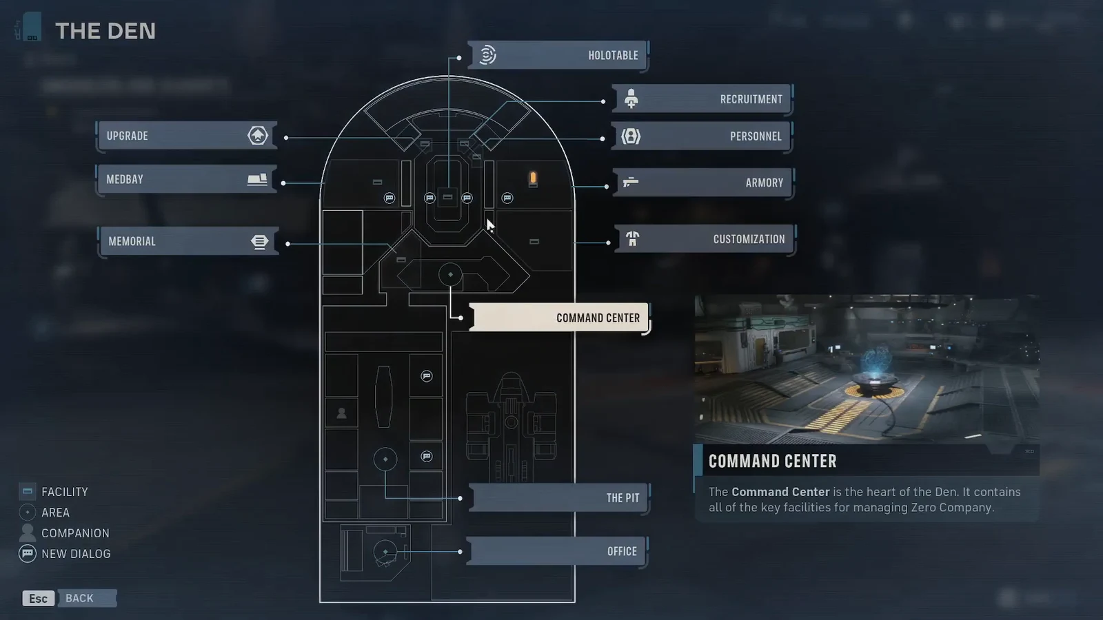 The Den facility map with the Command Center highlighted and its overview panel open